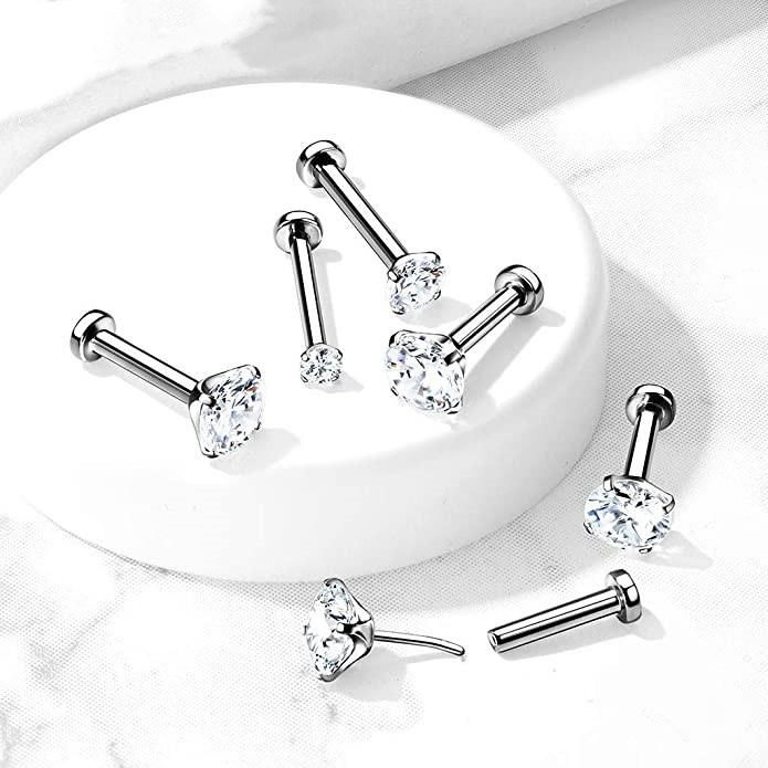 Threadless Labret Piercing Studs G23 Titanium Flat Back Studs with CZ Prong Set Top for Cartilage, Monroe, Nose and More