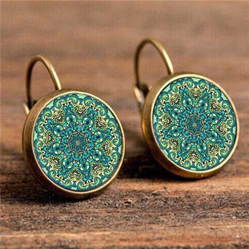 Women Vintage Bohemia Pattern Round Drop Earings Fashion Jewelry