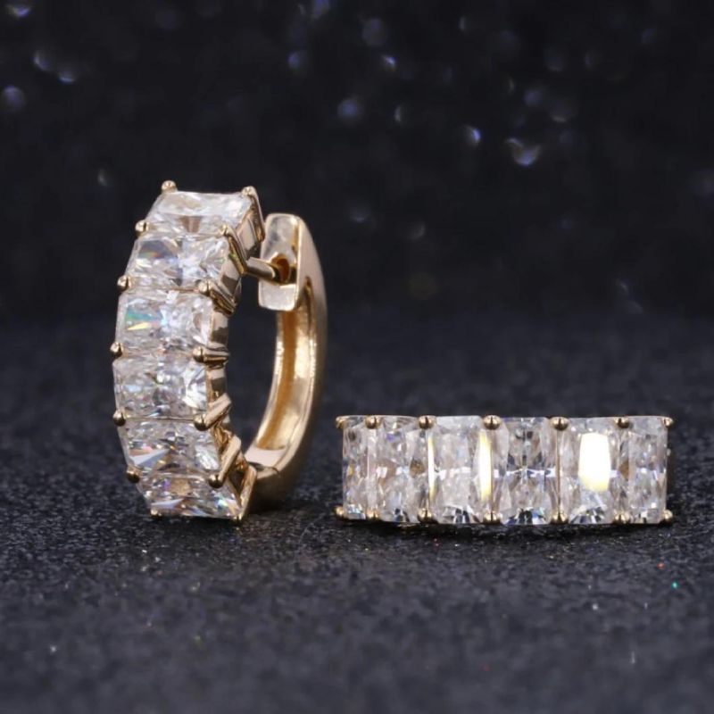 14K Yellow Gold Plated Crushed Ice Radiant Cut 3X5mm Moissanite Diamond Hoop Earrings