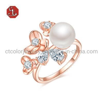 Fashion Jewelry Elegant 18k Rose Gold Plated Silver Brass Flowers and pearls Rings