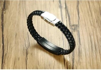 Stainless Steel Leather Bracelet Men&prime; S Ultra-Fine Leather Rhinestone Curved Bracelet Fashion Jewelry Bracelet