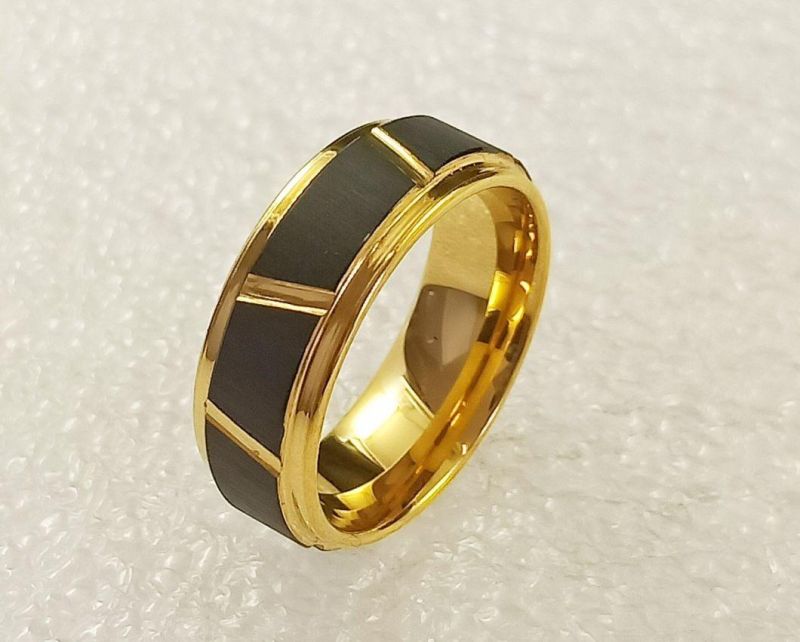 Manufacturers of Tungsten Jewelry Custom-Made Wholesale Black Gold Men′ S Tungsten Fashion Ring Tstr088