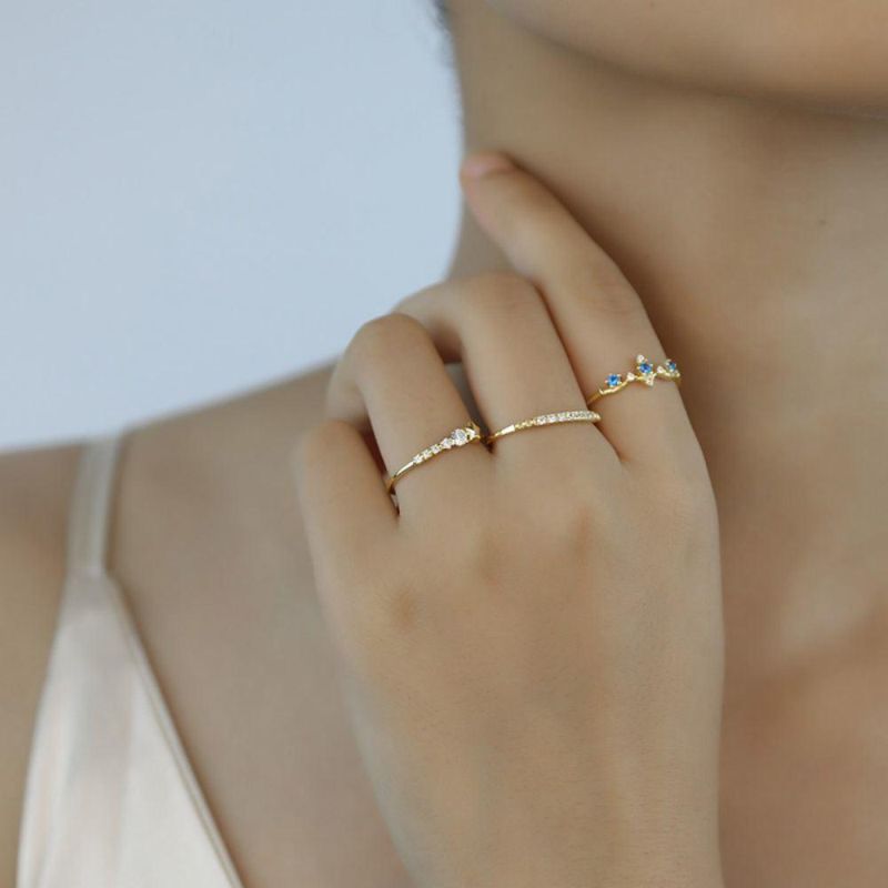 925 Sterling Silver 14K Gold Plated Blue Crystal Crown Ring Women Classic Cute Proposal Party Jewelry