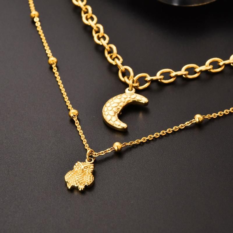 Popular Stainless Steel Gold Plated Layering Necklace Fashion Jewelry with Moon and Eagle Pendant