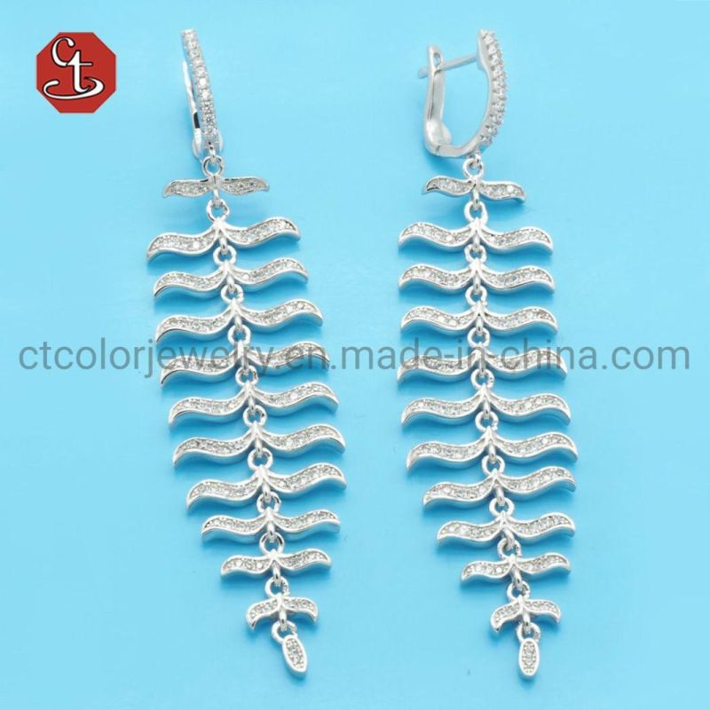 AAA Cubic Zircon Plants Style Silver Earring Long Eardrop