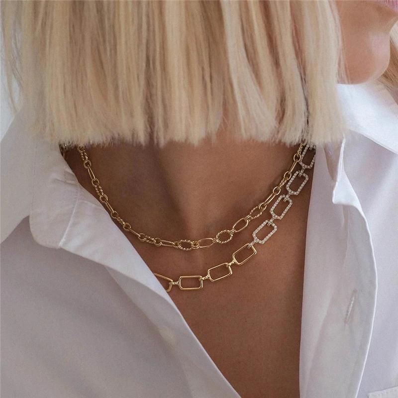 European Luxury Statement Square Cuban Heavy Link Chain Necklace for Women and Men Half Smooth Half with Crystal Glass
