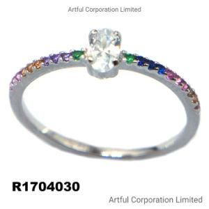 Multi-Color Prong Set Silver Ring with High Standard CZ