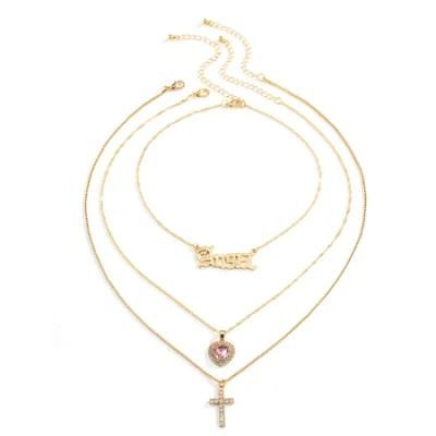 Wholesale Jewelry Fashion Alloy Letter Multi-Layer Cross and Heart Necklace