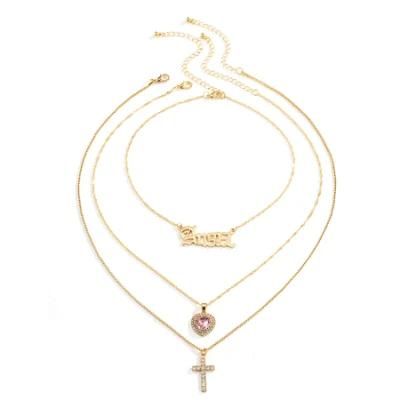 Wholesale Jewelry Fashion Alloy Letter Multi-Layer Cross and Heart Necklace