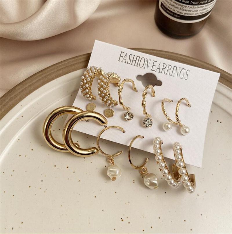 Basic Wholesale Manufacture 9 Pairs Pearl Crystal Glass Stud and Hoop Fashion Women Accessories