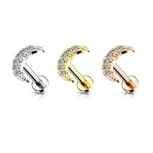 Wholesale 316L Stainless Steel CZ Paved Crescent Moon Top Flat Back Labret Piercing Studs Jewelry