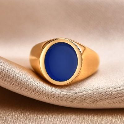 Stainless Steel Drop Blue Glue Oval Ring Golden Men&prime;s Smooth Ring