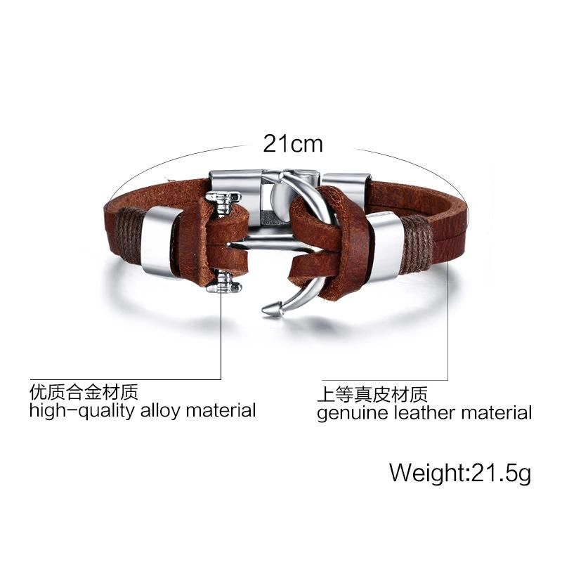 Fashion Stainless Steel Anchor Bracelet, Smart Bracelet with Brown Leather, Leather Bracelt for Men