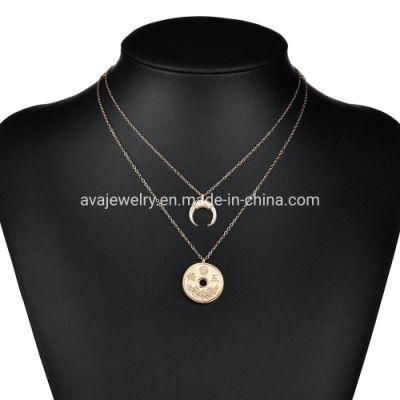 Simple Fashion Jewelry Women Multi Layer Choker Long Necklace with Moon and Icon Charm