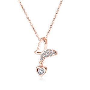 Gold-Plated Stainless Steel Hollow Butterfly Love Heart Diamond Clavicle Chain Necklace
