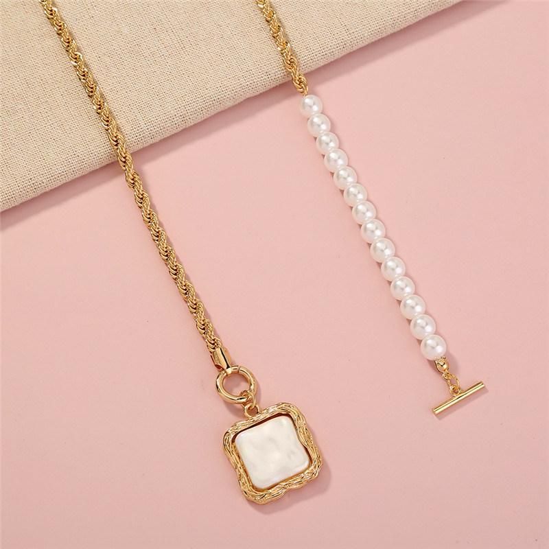 Manufacture New Design Big Square Statement Shell Pendant Baroque Pearl Mix Rope Chain T Bar O Bar Clasp Choker Necklace