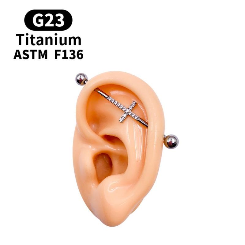 New G23 Titanium Body Piercing Jewelry Zircon Inlaid Men′s and Women′s Fashion Cross Industrial Barbell