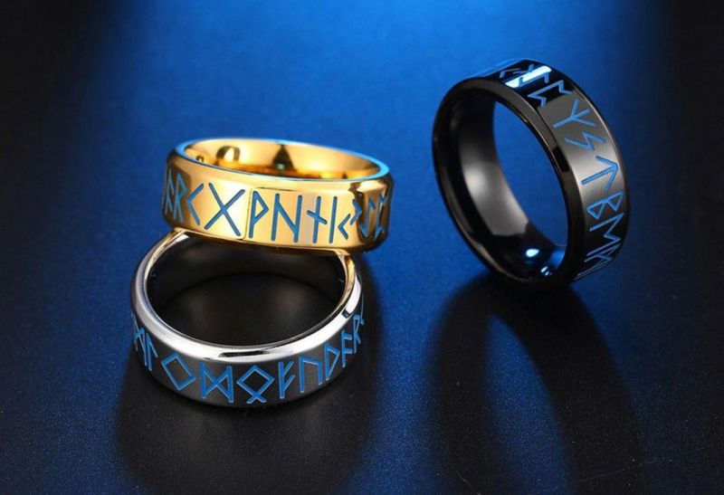 8mm Inner Arc Mirror Light Rot Engraved Nordic Viking Text Luminous Luminous Ring Simple European Style Ring for Men SSR2399g