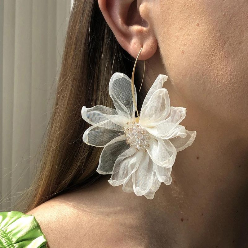 Vacation Style Big Petals Fabric Flower Drop Earrings for Women