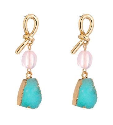 Manufacture New Trendy Bow Knot Blue Druzy Stone Earrings for Women Girls