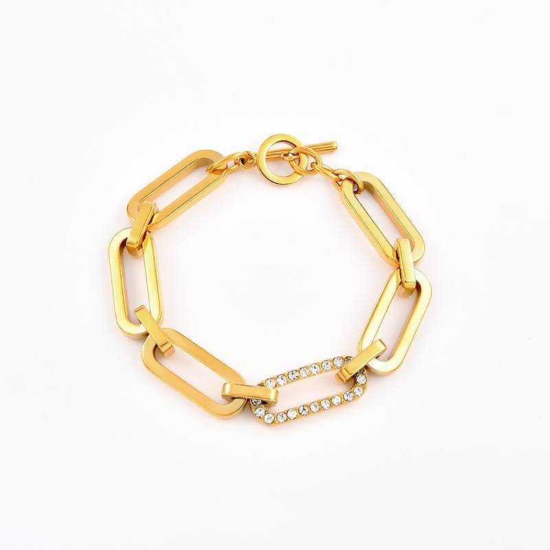 Gold Plated Not Allergic Thick Paper Clip Bracelet with Zircon Stone/ Crystal for Ladies Women