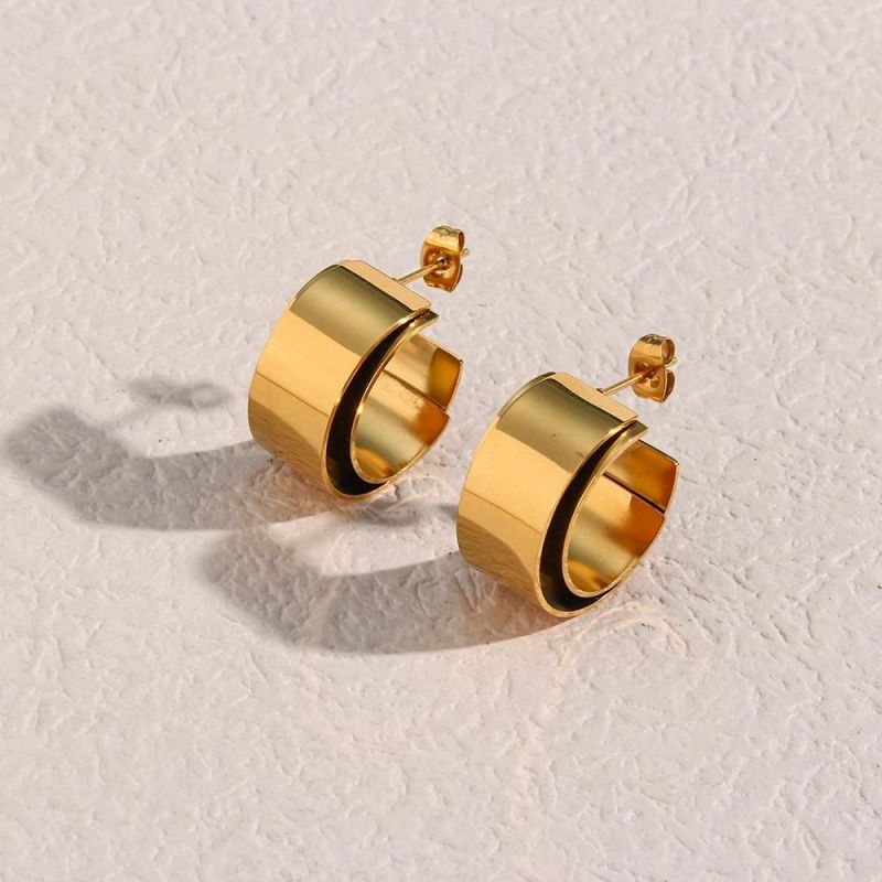 Factory Customized Fashion Jewelry Fashion Personality Ins Temperament Earrings Jewelry Women′s Stainless Steel 18K Gold Plated Double-Layer Wide Smooth Earring