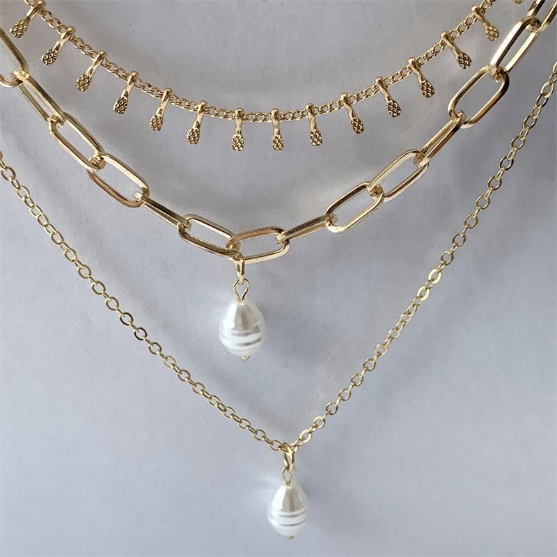 Fashion Jewelry 3 Layered Link Chain Pearl Choker Necklaces with Curb Links and Mini Bars Fashion Accessories