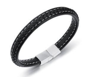 New Arrival Men Jewelry Punk Black Braided Geunine Leather Bracelet Stainless Steel Magnetic Buckle Fashion Bangles