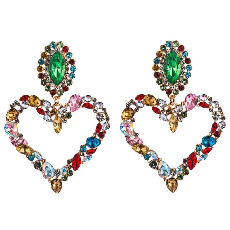 Heart-Shaped Alloy Inlaid Colored Diamonds Retro Temperament Exaggerated Earrings Female Korean Version of The Trendy Super Flash Full Diamond Earrings