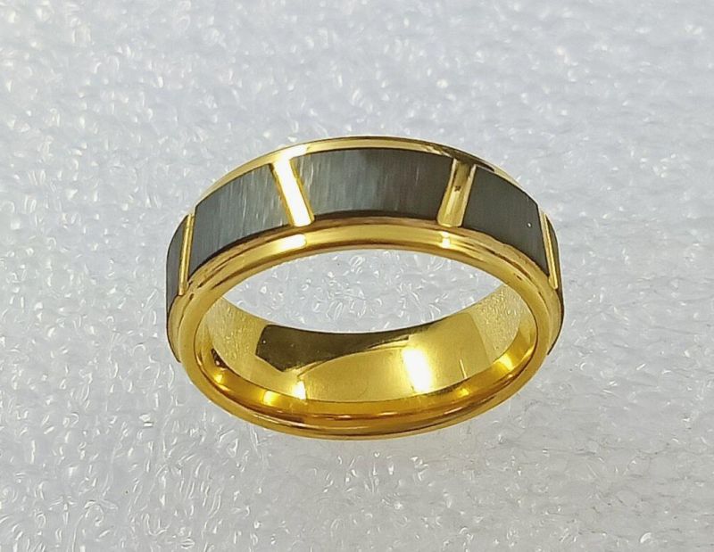 Manufacturers of Tungsten Jewelry Custom-Made Wholesale Black Gold Men′ S Tungsten Fashion Ring Tstr088