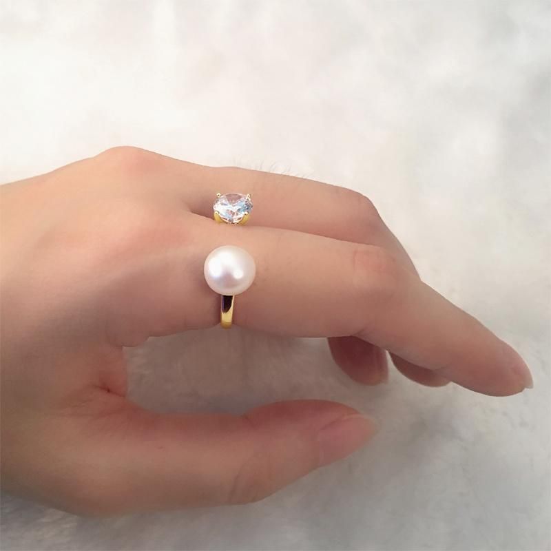 18K Gold Delicate 925 Sterling Silver CZ Adjustable Freshwater Pearl Ring