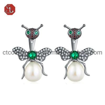 925 Silver Natural Freshwater Pearl Black Plated Ants Shape Emerald Animals Jewelry Earrings