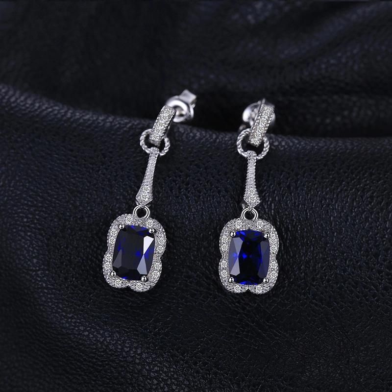 Created Blue Sapphire Drop Dangle Earrings Elegant Rectangle 925 Sterling Silver Jewelry