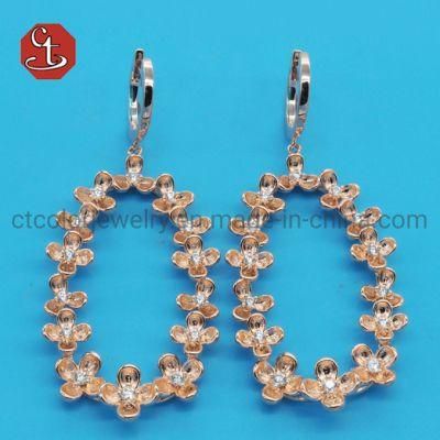 Luxury Flower Ear Drop Jewelry Retro Metal with CZ Copper or Silver Earrings