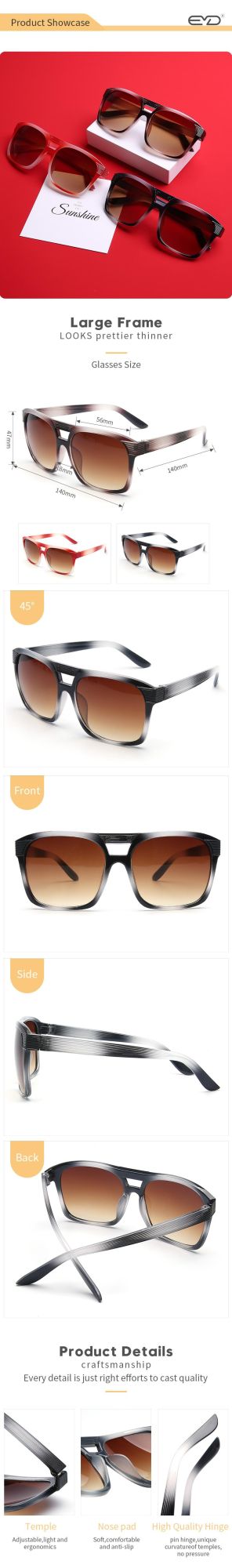 Custom Special Pattern Temple Sunglasses with Two Nose Bridge Gradient Lens Color Sun Glass
