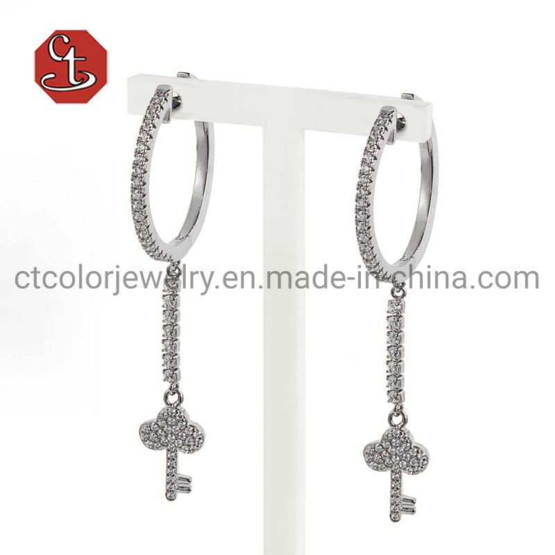New 2021 long Tassels CZ Pave Huggie Hoop Dangle Small Key Drop Earrings Silver jewelry Brass Jewelry