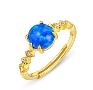 Blue Fire Created Opal Jewelry Rings Design Yellow Gold 925 Ring Adjustable Band