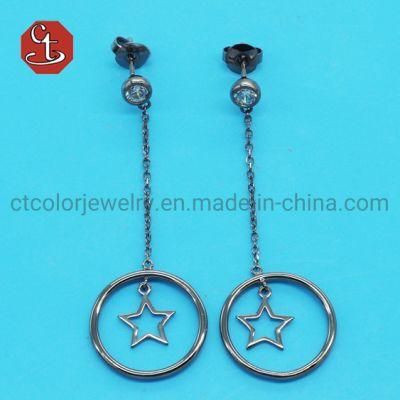Popular Plain long Dangle Small Star Inside Round Circle Bazel Pin Earring Silver jewelry