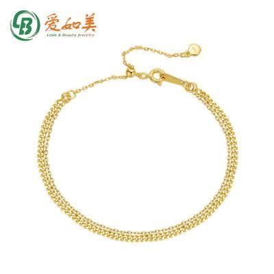 OEM/ODM Adjustable 925 Sterling Silver Curb Chain and Cross Chain Double Layered Bracelets Gold Plated 2 Layered Women Bracelet
