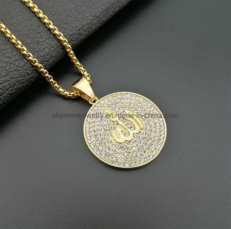 Fashion Jewelry Arabic Muslim Jewelry Titanium Steel Gold Plated Full Diamond Islam Koran Mantra Amulet Pendant Spt2624