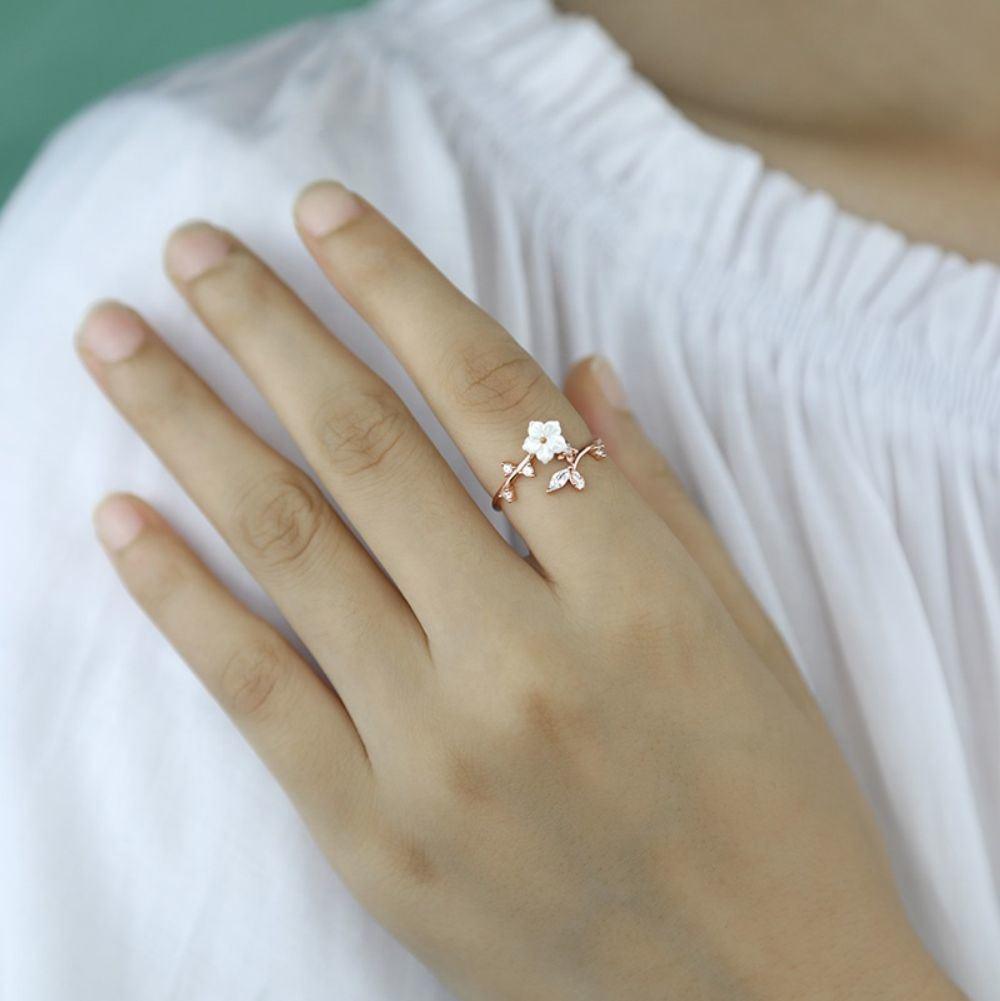Real 925 Sterling Silver Ring Flower Leaves Zircon Adjustable Ring Women Vintage Fashion Jewelry Girlfriend Gift