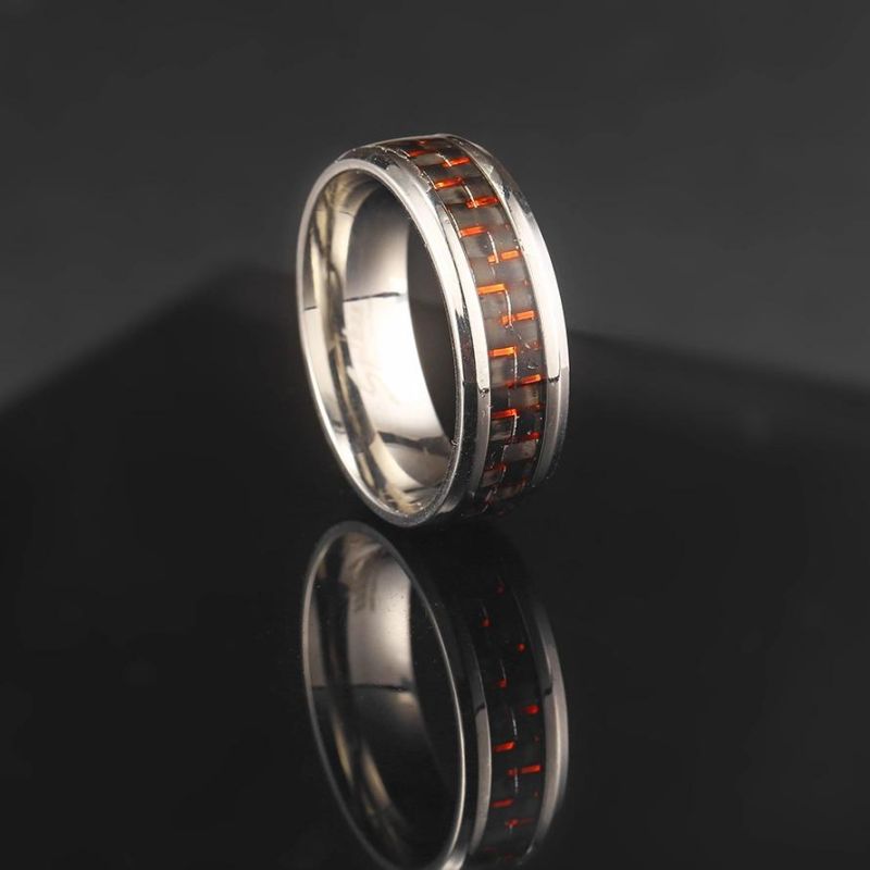 Red Black Carbon Fiber Silver Dragon Inlay Fits Comfortably in a Stainless Steel Ring for a Man′s Wedding Ring