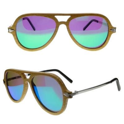 Pilot Style Wooden Frame Metal Temple Sunglasses for Men