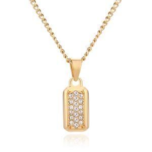 Gold-Plated Stainless Steel Color Full Diamond Square Pendant Necklace
