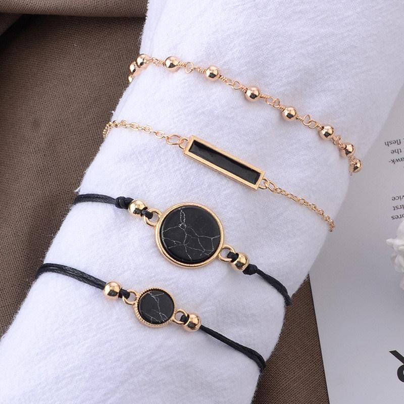 4 Rows Multiple Natural Black Semiprecious Stone Set Bracelet Wax Cording Turquoise Stone Hand Bracelet Ball Chain Gold Plated Bracelet