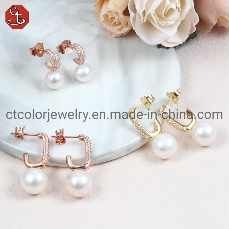 Fashion Jewelry 925 String Silver Earring Dangle Triangle Shell Pearl Drop Earrings line
