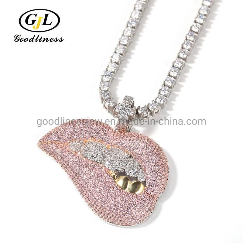 Hip-Hop Jewelry Pink Lips with Gold Teeth Pendant Necklace