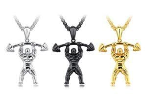 Men&prime;s Vintage Look Stainless Steel Silver/Black/Gold Color Weightlifter Gym Bodybuilder Barbell Pendant Necklaces