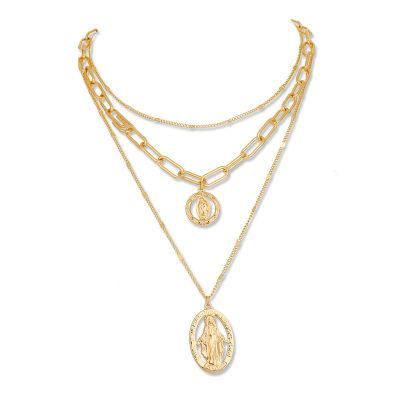 Wholesale European America Stylish 18K Gold Plated 3 Rows Link Chain Head Pendant Layered Necklace