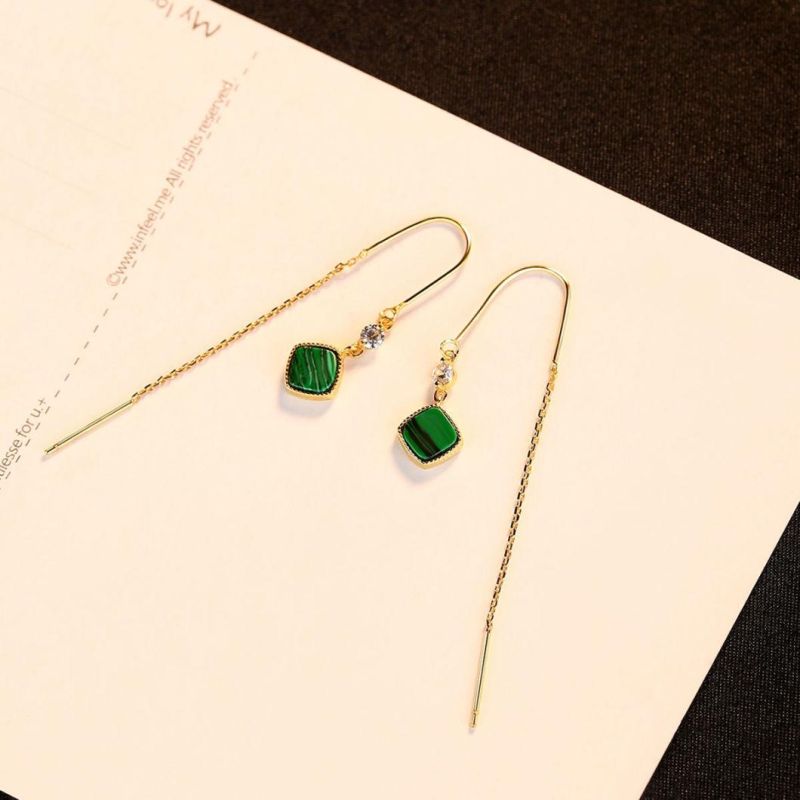 European Fashion 14K Gold Style Long Drop Earrings Dark Green Jewelry
